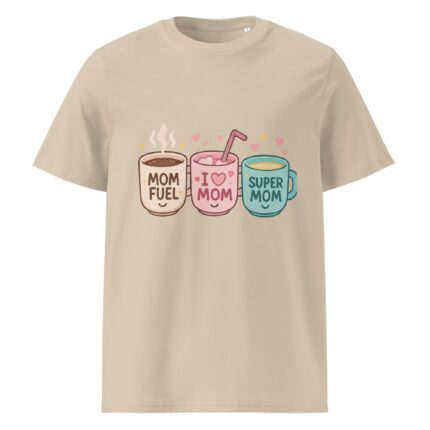 Three colorful coffee cups with "Mom Fuel," "I Heart Mom," and "Super Mom" text, Mother's Day t-shirt design.