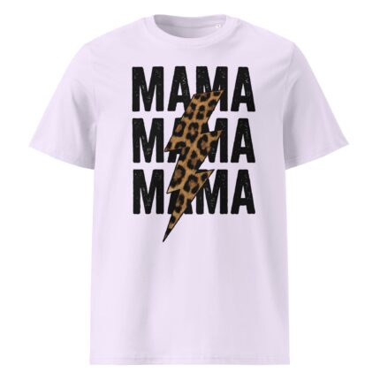 Three stacked "MAMA" texts with a leopard print lightning bolt overlay, Mother's Day t-shirt design.