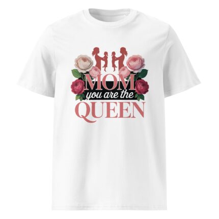 MOM you are the QUEEN" surrounded by roses and silhouettes of mothers with children, Mother's Day t-shirt design.