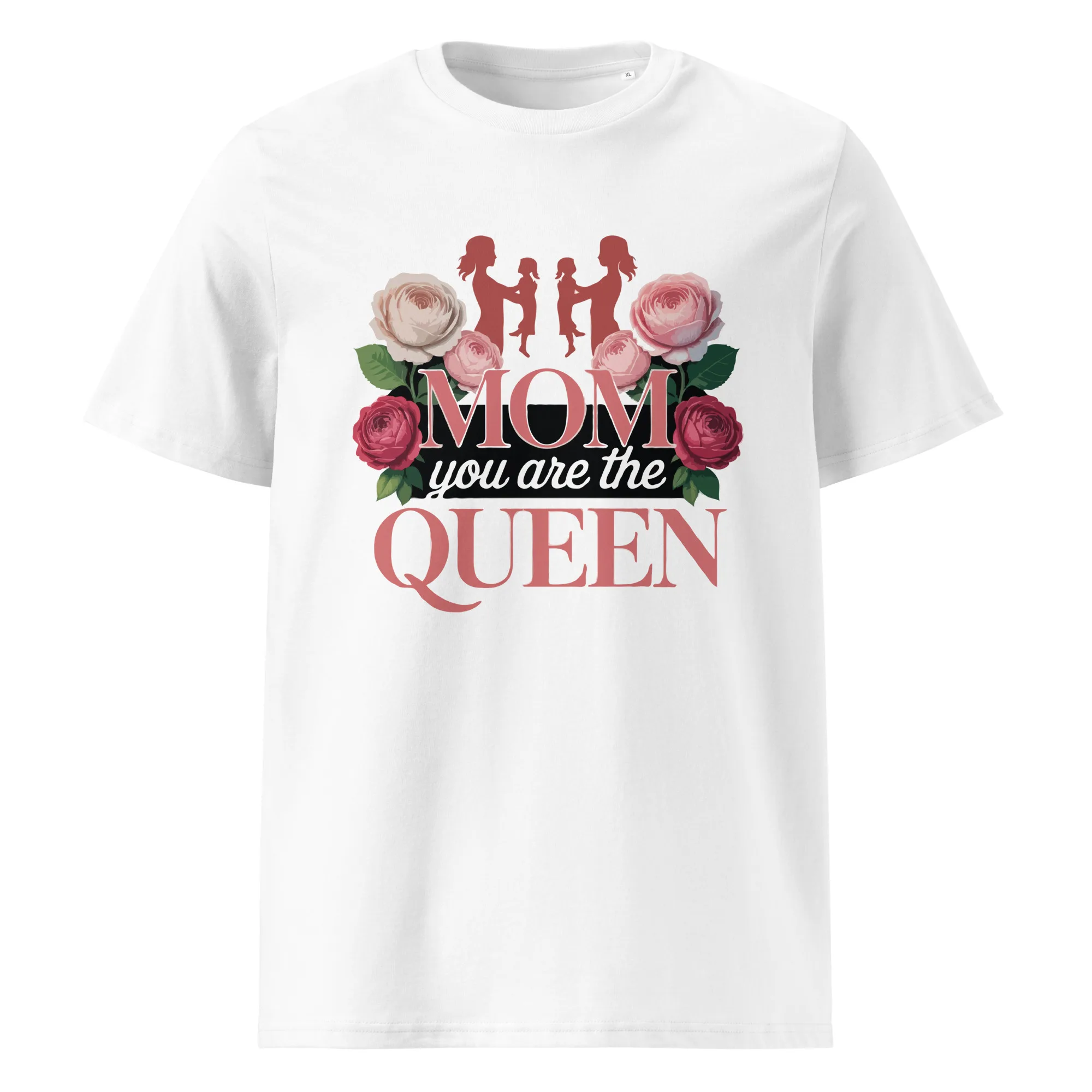 MOM you are the QUEEN" surrounded by roses and silhouettes of mothers with children, Mother's Day t-shirt design.