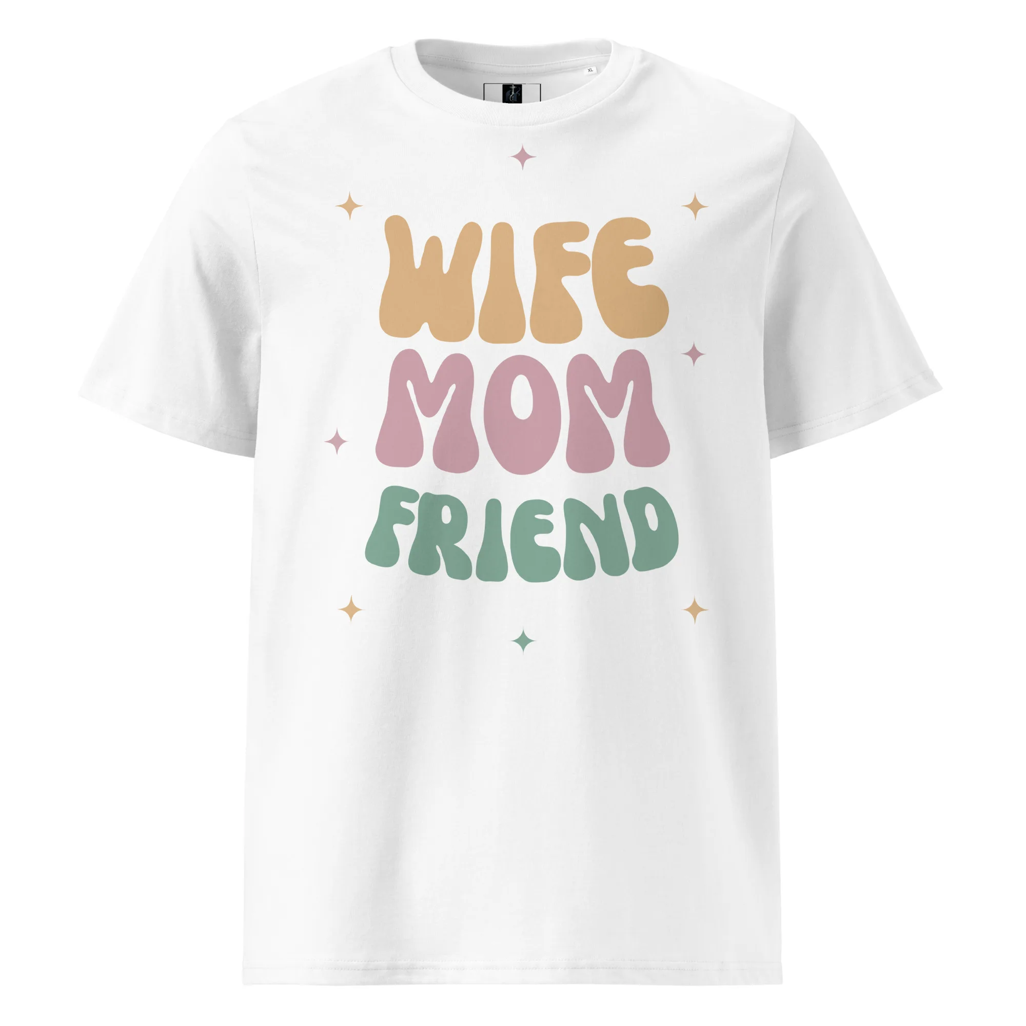 Stacked text in different pastel colors reading "WIFE MOM FRIEND" with star accents, Mother's Day t-shirt design.